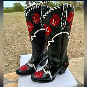 Black and Red Floral Heeled Boots
